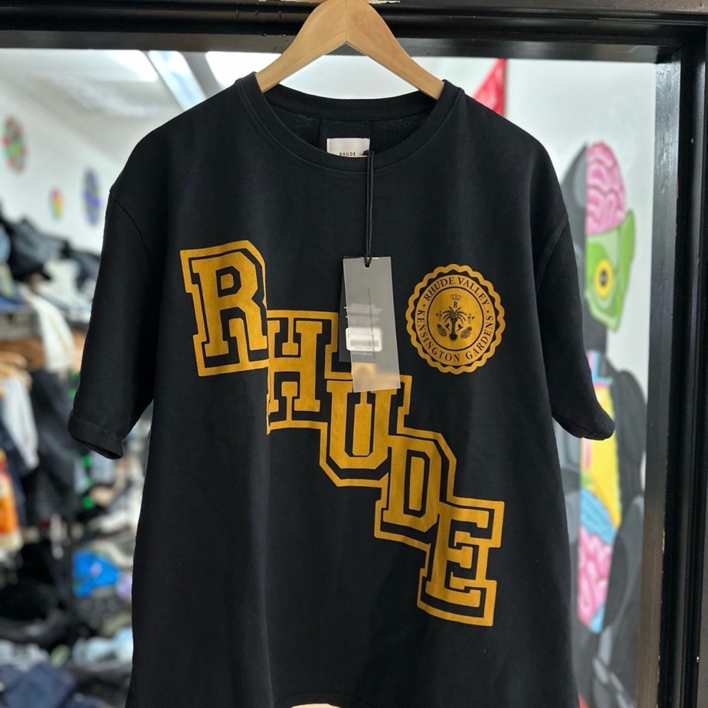 Rhude Black and Yellow Collegiate Crest Tee